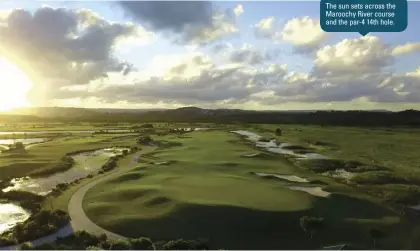  ??  ?? The sun sets across the Maroochy River course and the par-4 14th hole.