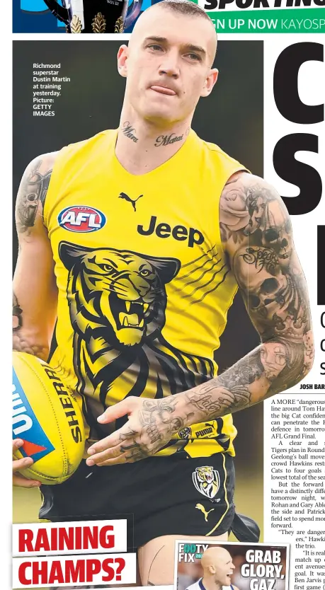  ??  ?? Richmond superstar Dustin Martin at training yesterday. Picture: GETTY IMAGES