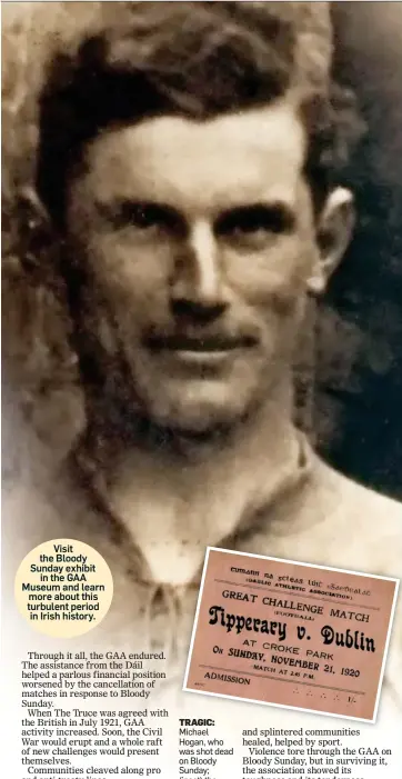  ??  ?? TRAGIC: Michael Hogan, who was shot dead on Bloody Sunday; (inset) the match ticket