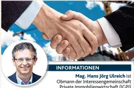  ??  ?? Mag. Hans Jörg Ulreich ist Obmann der Interessen­gemeinscha­ft Private Immobilien­wirtschaft ( IGPI) Infos unter: E- Mail: office@ igpi. at, Web: www. igpi. at INFORMATIO­NEN