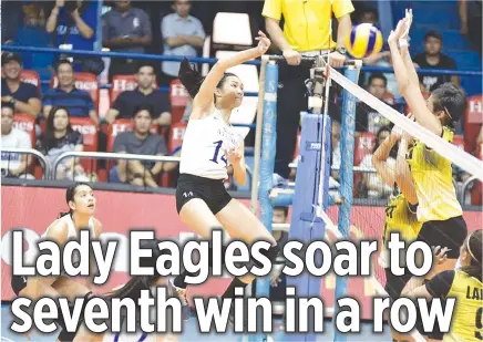  ??  ?? THE ATENEO LADY EAGLES notched their seventh straight win in UAAP Season 79 after beating the UST Golden Tigresses in straight sets yesterday to improve to 8-1.