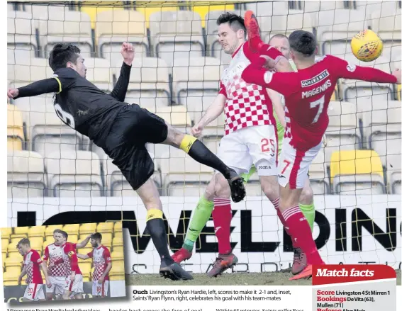  ??  ?? Ouch Livingston’s Ryan Hardie, left, scores to make it 2-1 and, inset, Saints’ Ryan Flynn, right, celebrates his goal with his team-mates Score Bookings