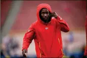  ?? ASSOCIATED PRESS ?? IN THIS NOV. 19, 2018, file photo, Kansas City Chiefs running back Kareem Hunt warms up before a game against the Los Angeles Rams in Los Angeles. The Cleveland Browns have signed Hunt, who was cut by Kansas City in November after a video showed him pushing and kicking a woman the previous February.