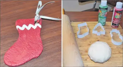  ?? MAUREEN COULTER/THE GUARDIAN ?? Here’s a finished salty dough ornament, left, ready to hang on the Christmas tree. At right all the materials needed to make salty dough ornaments can be found in most homes.