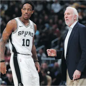  ?? DAVID ZALUBOWSKI / THE ASSOCIATED PRESS ?? San Antonio Spurs guard Demar Derozan has an admirer in coach Gregg Popovich, who was impressed with the former Raptor star’s maturity in coming to a new team.