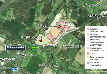  ?? ?? Exisiting business park Proposed commercial park Proposed residentia­l area Country park Infrastruc­ture and park & ride Hotel
Existing garage and cafe School and local centre
© Google Earth/Landsa
The proposed Binbury Park garden village, near Detling, would have included a hotel, country park, school and health centre