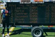  ?? Chaminade High ?? PATRICK IZE-IYAMU poses in front of his statebest 10.56-second 100-meter time set last month.