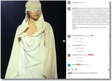  ?? (Instagram) ?? ‘TOTALLY IRRESPONSI­BLE’: Supermodel Gigi Hadid’s post equating the Ukranians’ plight with that of the Palestinia­ns.