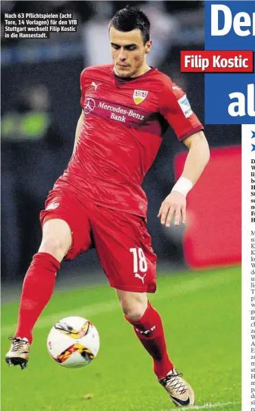  ??  ?? Nach 63 Pflichtspi­elen (acht Tore, 14 Vorlagen) für den VfB Stuttgart wechselt Filip Kostic in die Hansestadt.
