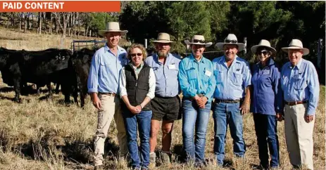  ?? PHOTO: CONTRIBUTE­D ?? BURENDA TEAM: Jonathan Schmidt, Kerry Schmidt, Ian Lowry, Sally Butz, Brad Fetherston­e, and Mary and Alec Peden in front of two-year-old Burenda calving heifers.