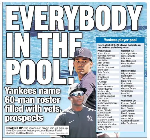  ?? N.Y. Post: Charles Wenzelberg (2) ?? HEATING UP: The Yankees’ 58 players who will make up their 60-man roster featues prospects Estevan Florial (bottom) and Deivi Garcia.