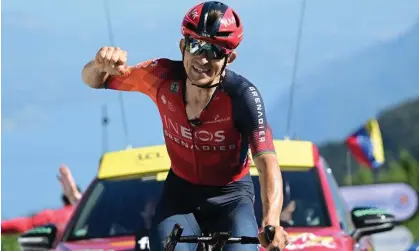  ?? ?? Michal Kwiatkowsk­i celebrates victory after a brutal final climb up the Grand Colombier. Photograph: Marco Bertorello/AFP/Getty Images