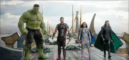  ?? MARVEL STUDIOS VIA AP ?? This image released by Marvel Studios shows the Hulk, from left, Chris Hemsworth as Thor, Tessa Thompson as Valkyrie and Tom Hiddleston as Loki in a scene from, "Thor: Ragnarok."