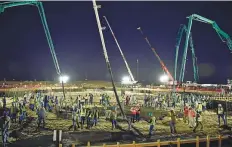  ?? Egbert/Gulf News ?? The concrete pouring began at the BAPS Hindu Mandir on the 27-acre land in Abu Dhabi yesterday.