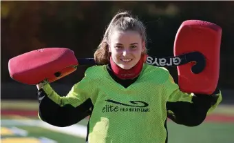  ?? NAncY LAne / HeRALd sTAff ?? ‘GOALIES ARE CRAZY’: Andover field hockey goalie Paige Gillette admits sometimes it gets lonely if all the action is on the other side of the field.