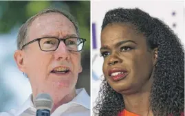  ??  ?? PAT NABONG/SUN-TIMES-FILE (LEFT); ASHLEE REZIN GARCIA/SUN-TIMES FILE (RIGHT) Republican nominee Pat O’Brien (left) speaks during a “Defend the Police” rally in July; Cook County State’s Attorney Kim Foxx speaks after winning the Democratic primary in March.