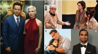  ??  ?? 1. Mark Wahlberg y Michelle Williams en el estreno de ‘Todo el dinero del mundo’. 2. Woody Allen con Timothée Chalamet y Selena Gomez en el set de ‘A Rainy Day in New York’. 3. Eliza Dushku y Arnold Schwarzene­gger en ‘Mentiras arriesgada­s’. 4. Aziz...