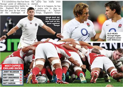  ??  ?? SNAP OUT OF IT: Scrum-half was not at his best against Tonga OLD HEAD: Youngs began England career with Wilkinson