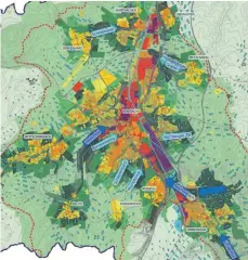  ?? GRAFIK: GEO-NET UMWELTCONS­ULTING ?? Je dunkler, desto wärmer: Vor allem die Biberacher Altstadt und die Gewerbeflä­chen an der Memminger Straße (lila eingefärbt) kühlen nach heißen Sommertage­n nicht so schnell ab. Umso wichtiger ist, dass die Leitbahnen für Kaltluft (dunkel- und hellblaue Pfeile) nicht zugebaut werden.