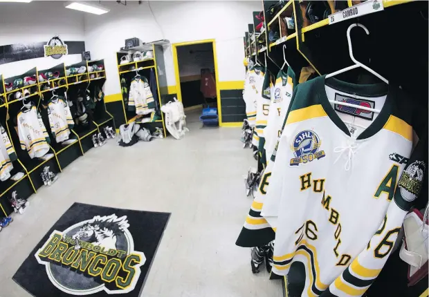  ?? —CP ?? Returning player Brayden Camrud’s jersey is seen hanging inside the Humboldt Broncos locker-room on Wednesday. The Broncos hosted the Nipawin Hawks during the season home opener on Wednesday, the first home game since a bus accident killed 16 people last April 6.