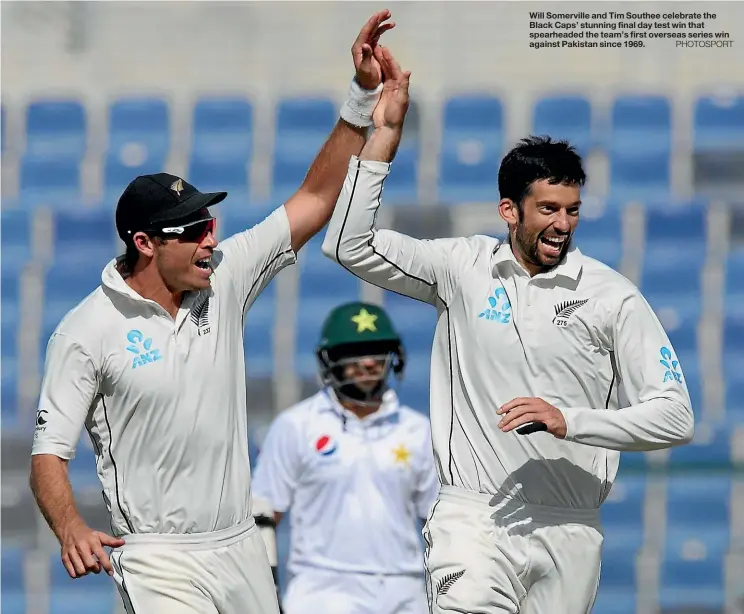  ??  ?? Will Somerville and Tim Southee celebrate the Black Caps’ stunning final day test win that spearheade­d the team’s first overseas series win against Pakistan since 1969.