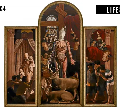  ??  ?? “The Annunciati­on’’: Epiphany of the Wise and Compassion­ate Buddha as he opens earth, heaven and hell to reveal the reality of existence. Note the Christian images surroundin­g him.