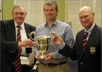  ??  ?? Conor McAloon, winner of the County Louth Golf Club 2018 Carberry Cup, with Club Captain Pat McCabe and Club President Neil Matthews.