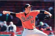  ?? Michael Dwyer / Associated Press ?? The Orioles’ Matt Harvey pitches during the first inning of Saturday’s game against the Red Sox.