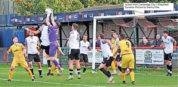  ?? ?? Action from Cambridge City v Shepshed Dynamo. Picture by Danny Pole.