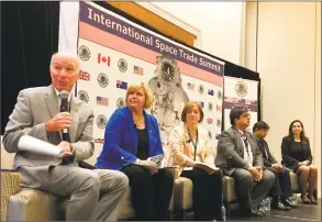  ?? Dan Haar/Hearst Connecticu­t Media ?? U.S. Rep. Joe Courtney, left, leads a panel of space program officials from NASA, Canada, Great Britain, Australia and New Zealand on Monday at the Hartford Marriott, as part of the first-ever space industries summit organized by the U.S. Department of Commerce Export Assistance Center.