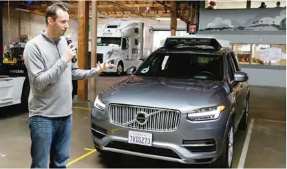  ?? — AP ?? SAN FRANCISCO: In this file photo, Anthony Levandowsk­i, head of Uber’s self-driving program, speaks about their driverless car in San Francisco.