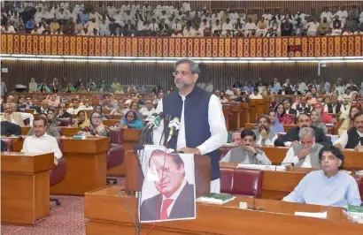  ?? AFP ?? Newly-elected Prime Minister Shahid Khaqan Abbasi speaks at the Parliament House in Islamabad on Tuesday. —