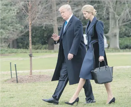  ?? NICHOLAS KAMM/AFP/GETTY IMAGES ?? U.S. President Donald Trump and daughter Ivanka walk to Marine One at the White House. The president this week blasted department store Nordstrom’s decision to stop selling his daughter’s clothing line, not the first time Trump has taken on corporate...