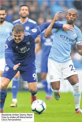  ??  ?? Bluebirds striker Danny Ward tries to shake off Manchester City’s Fernandinh­o