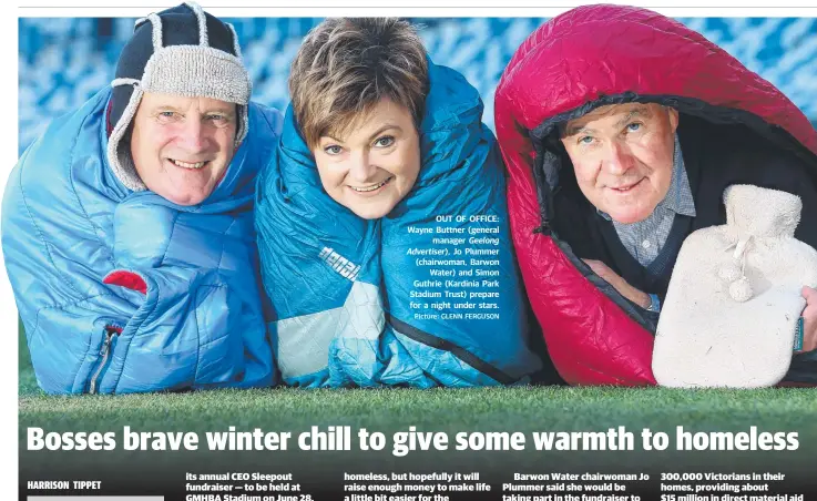  ?? Picture: GLENN FERGUSON ?? OUT OF OFFICE: Wayne Buttner ( general manager Geelong Advertiser), Jo Plummer (chairwoman, Barwon Water) and Simon Guthrie (Kardinia Park Stadium Trust) prepare for a night under stars.