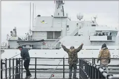  ?? Picture: Solent News and Photo Agency ?? RETURN Fishermen in Portsmouth welcome back HMS Severn from her deployment to assist the fishermen of Jersey