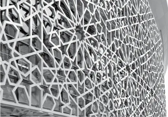  ??  ?? Mashrabiya detail on the glass exterior facade