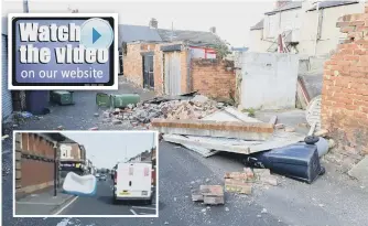  ??  ?? A collapsed wall at John Candlish Road, Millfield. Inset, a paddling pool is blown across Villette Road, Hendon.