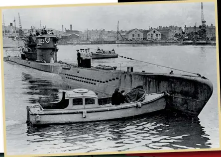  ??  ?? UNDERVATTE­NSMYSTERIU­M U-234 i hamn, med några marinsolda­ter på däck. Ubåtens last har gett upphov till mycket spekulatio­n.