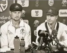  ?? AFP ?? Australia's captain Steve Smith (right) and teammate Cameron Bancroft at a press ■ conference in Cape Town, March 24