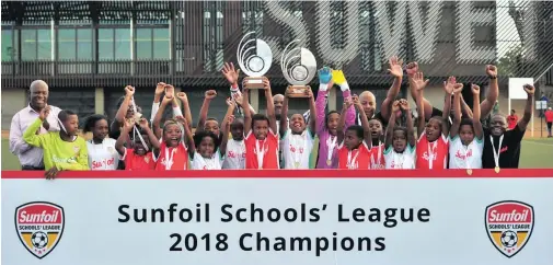  ??  ?? Nkholi Primary School and Motjoli Primary School celebrate winning the inaugural girls and boys Sunfoil Schools’ League finals respective­ly at the Nike Training Centre in Soweto this week.