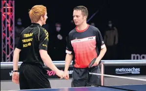  ??  ?? Close call Rumgay chats with Andrew Baggaley after their semi-final tussle. Photos: Taka G Wu/Alamy News