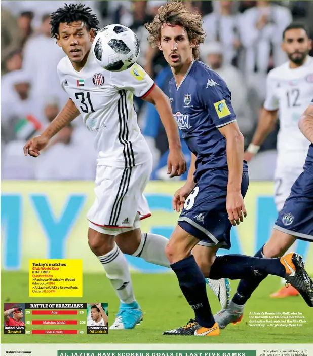  ?? KT photo by Ryan Lim ?? Al Jazira’s Romarinho (left) vies for the ball with Auckland’s Albert Riera during the first match of the Fifa Club World Cup. —