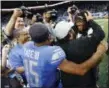  ?? PAUL SANCYA - THE ASSOCIATED PRESS ?? Detroit Lions head coach Matt Patricia greets New England Patriots linebacker Dont’a Hightower after an NFL football game, Sunday, Sept. 23, 2018, in Detroit.