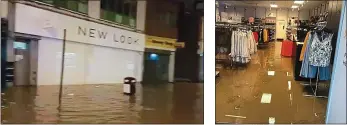  ??  ?? Chaos: a tide of floodwater flows along Tooting High Street today, top. It poured into shops like New Look where it ruined stock