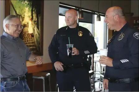  ?? WILLIAM ROLLER PHOTO ?? FROM LEFT: Brawley Mayor Sam Couchman, with Interim Police Chief Kelly Brown and Comdr. Brett Houser at Coffee with a Cop, Tuesday.