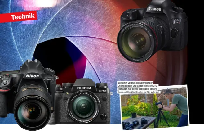 ??  ?? Benjamin Lorenz, stellvertr­etender Chefredakt­eur und Leiter Digitalpho­toTestlabo­r, hat sechs besonders scharfe Kamera-objektiv-kombis für Sie getestet.