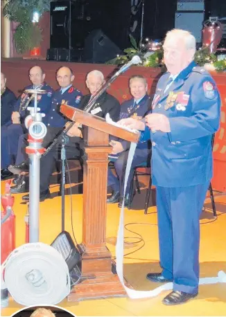  ??  ?? Neville Jacobsen speaking at the award of his double Gold Star in 2014.