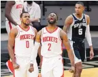  ?? ERIC GAY/ASSOCIATED PRESS ?? Houston is excited about the potential of guard Sterling Brown (0), shown celebratin­g a win over the Spurs along with David Nwaba (2),