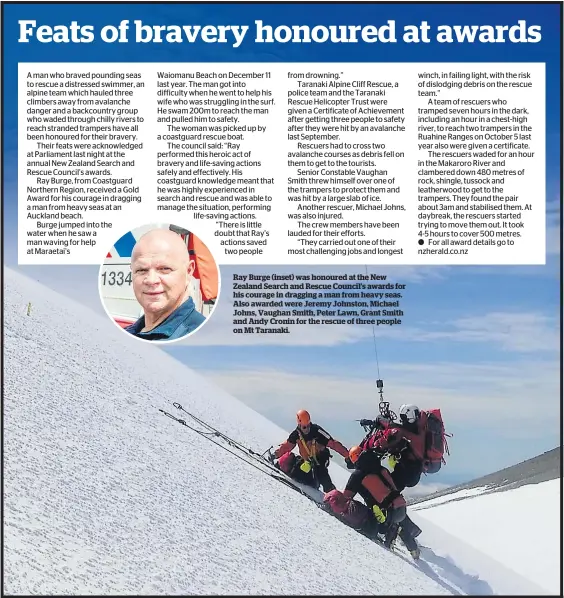  ??  ?? Ray Burge (inset) was honoured at the New Zealand Search and Rescue Council’s awards for his courage in dragging a man from heavy seas. Also awarded were Jeremy Johnston, Michael Johns, Vaughan Smith, Peter Lawn, Grant Smith and Andy Cronin for the...